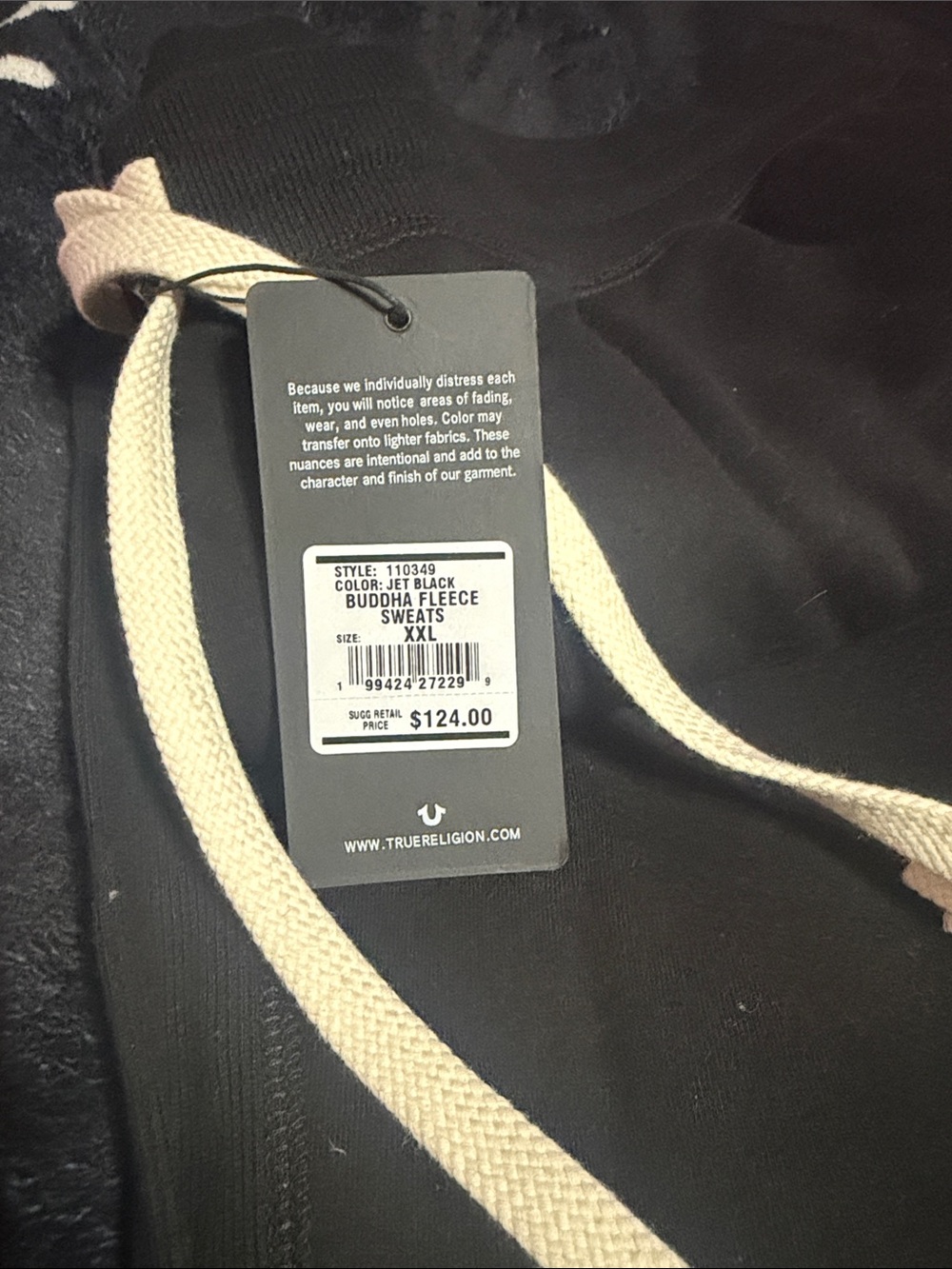 True Religion Men’s Black Crewneck Sweatshirt with Cream Drawcords